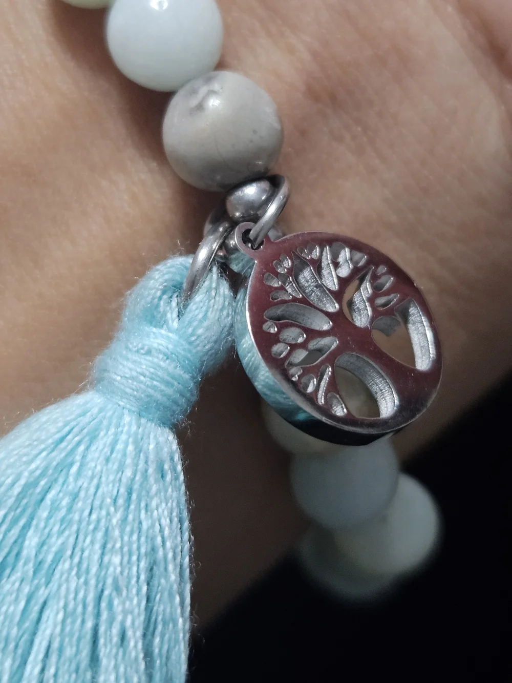 Tree of Life Amazonite Beaded Bracelet with Tassel - Light Aqua